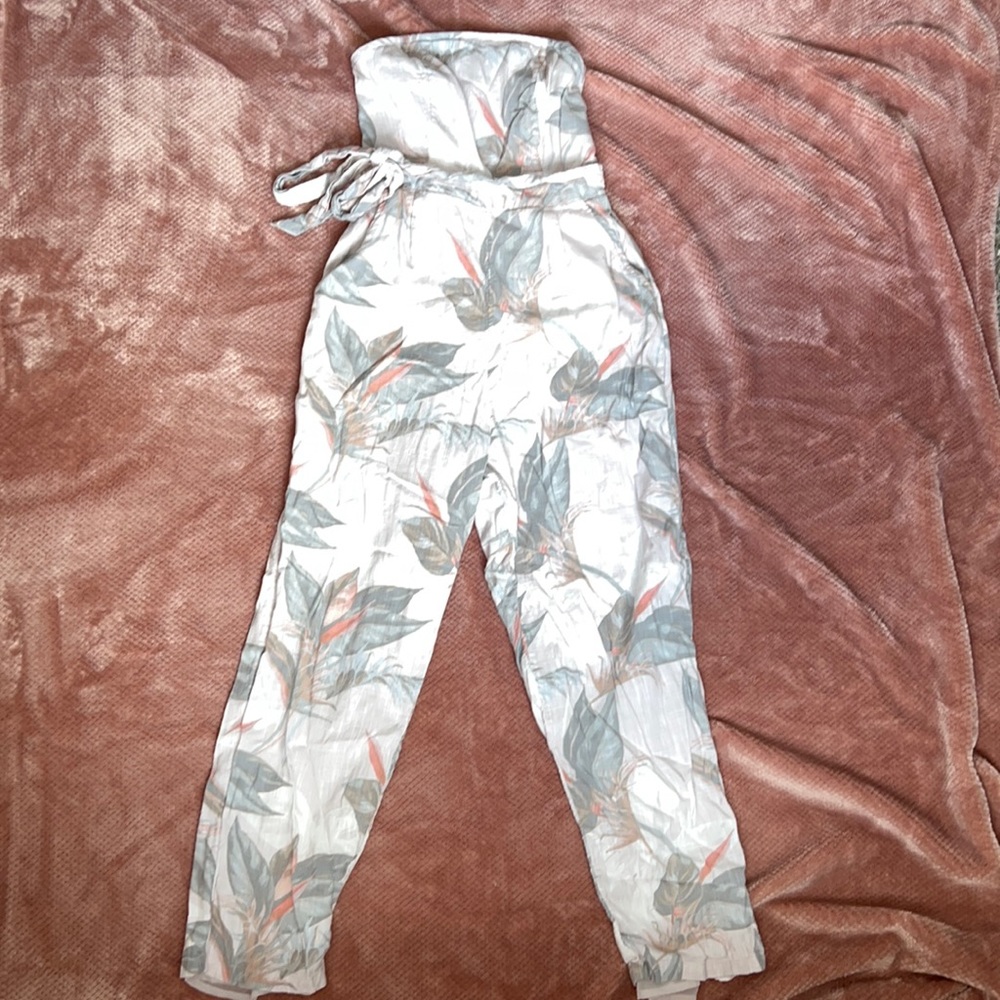 Blush Pink Leaves-Floral Strapless Jumpsuit